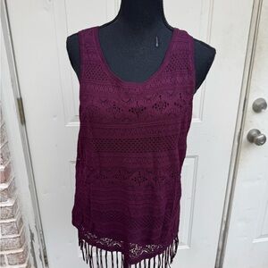 White House Black Market, Burgundy, Tank Top with Fringe,  Size Large